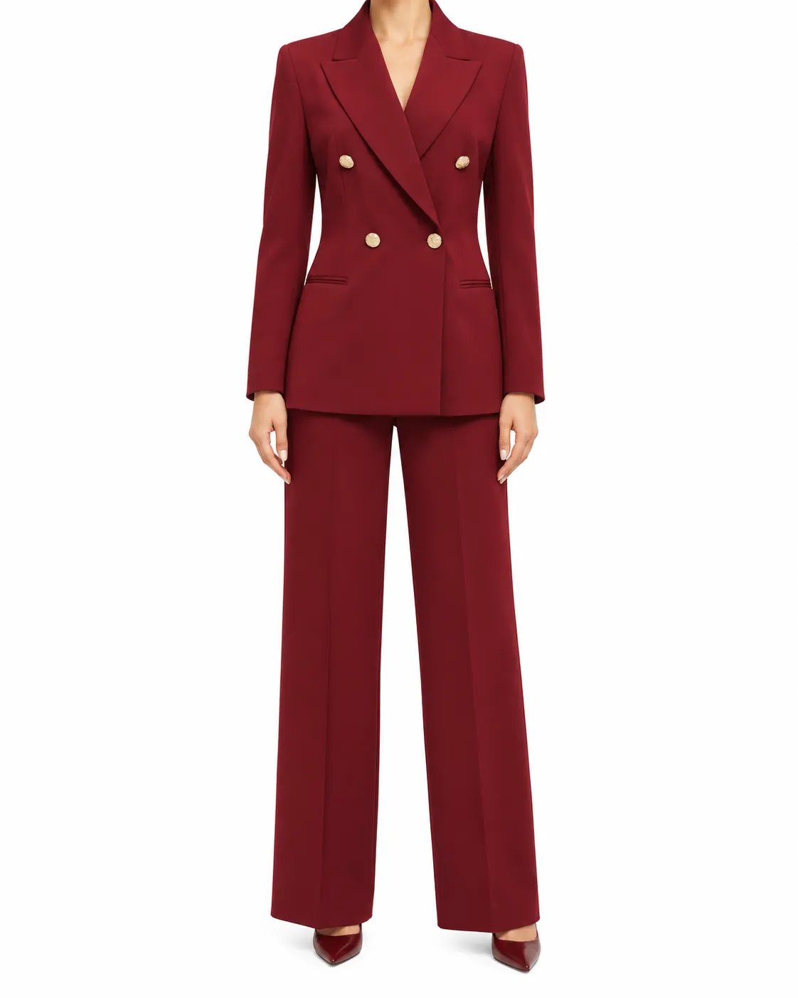Tailleur bordeaux sartoriale con bottoni dorati