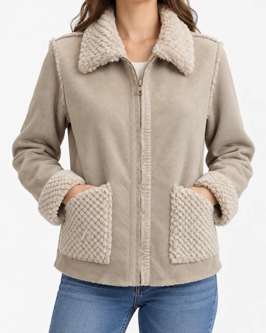 Giubbotto beige con bordi sherpa