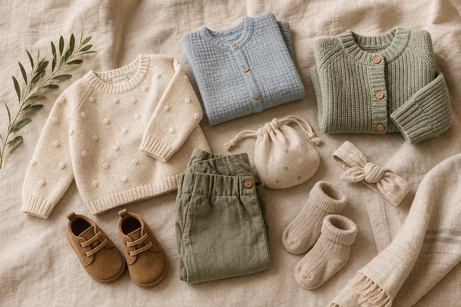 Abbigliamento bambino con maglie, pantaloni e accessori.